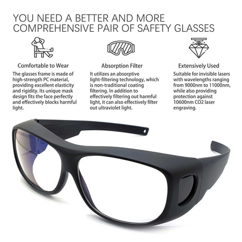 Carlany CO2 laser eye protection glasses, black frame safety goggles for 9000-11000 nm wavelengths