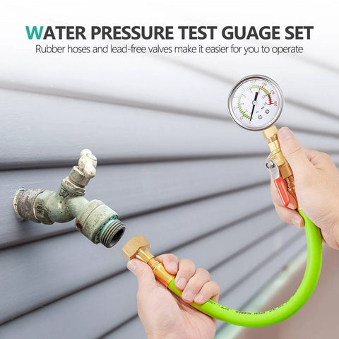 Stainless steel water pressure gauge kit with 2-inch dial, 0-200 psi, EPDM hose and 1/4in LF valve