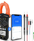 6000 Count Bluetooth Clamp Meter With TRMS Digital Multimeter For AC DC Voltage And Current, Resistance, Capacitance, Diode Test, Continuity, Frequency, Temperature, NCV Detector, And Auto Electrical Testing App For DIYers And Pros, shown with smartphone app interface and accessories.