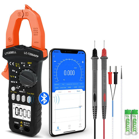 6000 Count Bluetooth Clamp Meter With TRMS Digital Multimeter For AC DC Voltage And Current, Resistance, Capacitance, Diode Test, Continuity, Frequency, Temperature, NCV Detector, And Auto Electrical Testing App For DIYers And Pros, shown with smartphone app interface and accessories.