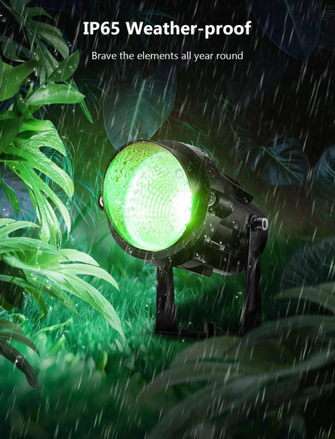 12W RGBW Color Changing Landscape Lights Low Voltage LED Pathway Spotlight with green light in rain, IP65 waterproof