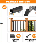 Package contents of 25 Pack 26 Inch Black Metal Deck Balusters Rectangular Stair Spindles For Deck Railing System with accessories.