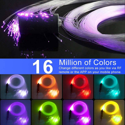 Bluetooth RGBW Fiber Optic Star Ceiling Kit with App Control showcasing color options and fiber strands.
