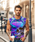 Men 3D Cyber Mechanical Skull Graphic Tank Top Moisture Wicking Quick Dry Sleeveless Workout Shirt worn by man holding coffee.