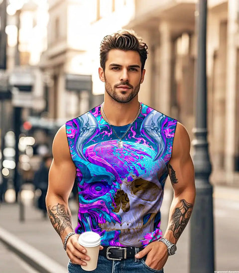 Men 3D Cyber Mechanical Skull Graphic Tank Top Moisture Wicking Quick Dry Sleeveless Workout Shirt worn by man holding coffee.
