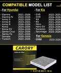 Activated Carbon Cabin Air Filter For Hyundai Kia Genesis Cars That Blocks Dust Pollen Odors And Keeps Your Ride Fresh For Elantra Tucson Santa Fe Sonata Santa Cruz Sportage Sorento Ioniq 5 Ioniq 6 K5 Niro EV6 EV9 GV60 Elantra N with compatible model list