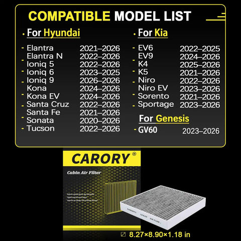 Activated Carbon Cabin Air Filter For Hyundai Kia Genesis Cars That Blocks Dust Pollen Odors And Keeps Your Ride Fresh For Elantra Tucson Santa Fe Sonata Santa Cruz Sportage Sorento Ioniq 5 Ioniq 6 K5 Niro EV6 EV9 GV60 Elantra N with compatible model list