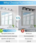Comparison of Yumcrelect and other LED bath bar, showcasing four light chrome bathroom vanity light over vanity 27 inch LED bath bar fixture 24W 6000K daylight modern mirror lighting great for makeup and grooming.