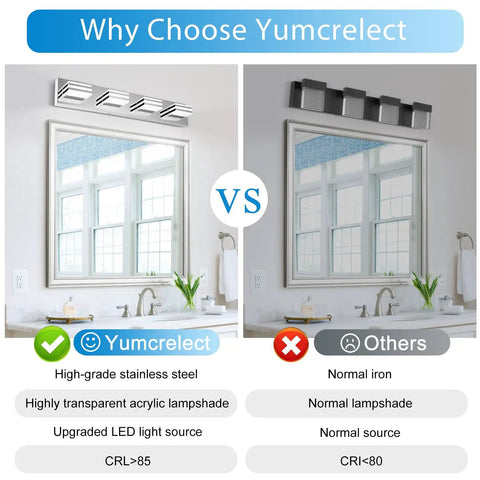 Comparison of Yumcrelect and other LED bath bar, showcasing four light chrome bathroom vanity light over vanity 27 inch LED bath bar fixture 24W 6000K daylight modern mirror lighting great for makeup and grooming.