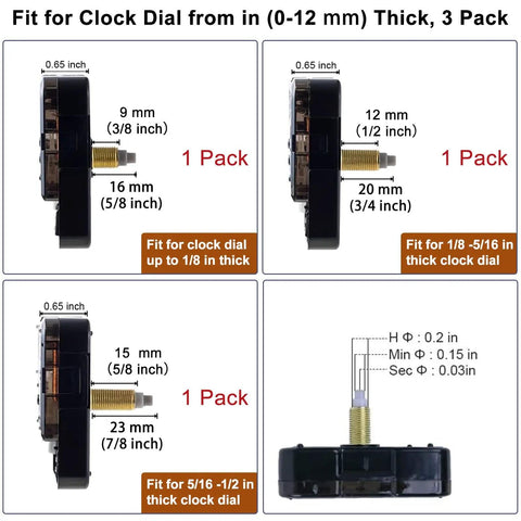 Three Piece Silent Clock Mechanism Kit With Eight Short Hands Battery Operated Quartz Movements In 16Mm 20Mm And 23Mm Shaft Lengths