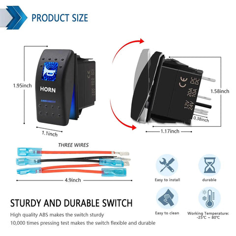 Waterproof Horn Button Rocker Switch Toggle With Blue LED Light For Automotive Marine RVs Trucks Cars Boats 12V 20A DC And 24V 10A DC SPST 5 Pin Momentary On Off IP67 Rating Ready For 4x4 SUV ATV UTV Car Accessories, product size with 4.9-inch wires