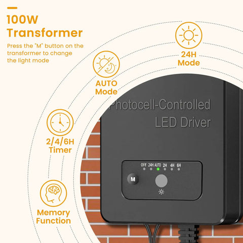 100W transformer from Low Voltage Landscape Lighting Kit, showing control features and settings for outdoor use.