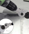 Pro Grade Drill Nibbler Kit For Sheet Metal Cutting Attachment in use, cutting through metal with electric drill, close-up view