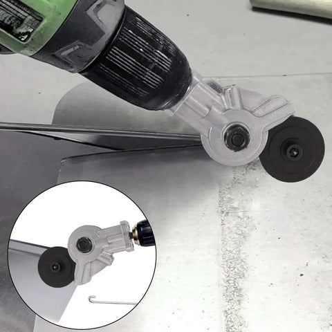 Pro Grade Drill Nibbler Kit For Sheet Metal Cutting Attachment in use, cutting through metal with electric drill, close-up view