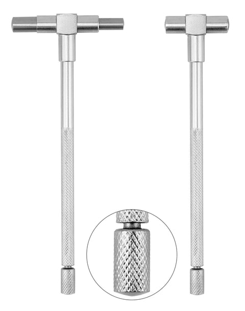 Two stainless steel telescoping bore gauges with T-handle tops and knurled shafts; chrome finish.