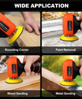 Cordless 3 Inch Palm Sander Kit With 16.8V 3.0Ah Liion Battery demonstrating rounding, paint removal, wood, and metal sanding.