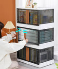 No Sweat Organizing With These Heavy Duty Plastic Storage Boxes With Lids, Built Tough 19 Gallon Collapsible Folding Bins For Closets And Garages Stackable Home Organization Crates 3 Pack in use, with one bin being opened.