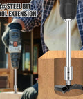 2 Piece Forstner Bit Extension Kit With Slick 3/8 Inch Shank Grip in use drilling deep into hardwood block.
