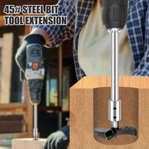 2 Piece Forstner Bit Extension Kit With Slick 3/8 Inch Shank Grip in use drilling deep into hardwood block.