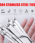 Hand holding 304 stainless steel zip ties from Heavy Duty Metal Zip Tie Gun Set With 150 Pieces Stainless Steel Zip Ties For Fastening And Cutting Ties, Ideal For Chain Link Fence Parts, Wire Fence Rolls, Exhaust Wrap, Poultry Fence Projects, showing strength and durability.