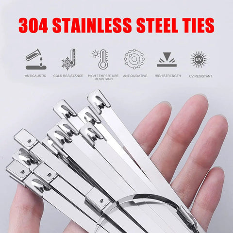 Hand holding 304 stainless steel zip ties from Heavy Duty Metal Zip Tie Gun Set With 150 Pieces Stainless Steel Zip Ties For Fastening And Cutting Ties, Ideal For Chain Link Fence Parts, Wire Fence Rolls, Exhaust Wrap, Poultry Fence Projects, showing strength and durability.