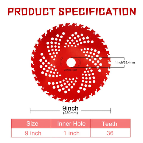 Diagram of 2 Pack 9 Inch 36 Teeth Carbide Tipped Weed Eater Blades With Universal Adapter Kit, showing dimensions and teeth count.