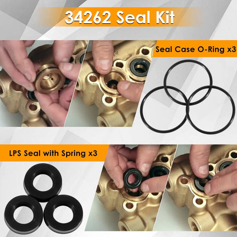 Close-up of Beefed Up Seal Kit For 66DX And 6DX Pressure Washer Pumps Ready To Install with seals and rings in hands.