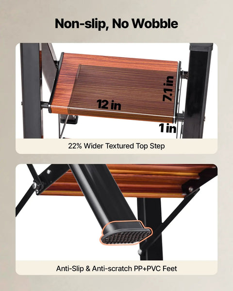 Three Step Folding Ladder With Wide Anti Slip Pedals And Comfort Handgrip Lightweight Aluminum 330 Lbs Capacity Portable Plant Support close-up of 12 in step and anti-slip feet