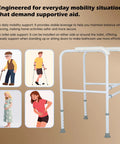 Foldable Toilet Safety Rails With Adjustable Stability Frame Built Damn Tough For Sit And Stand Mobility Real Deal Secure Support 300 Pound Weight Limit Hassle Free Universal Fit with supportive design for various users.