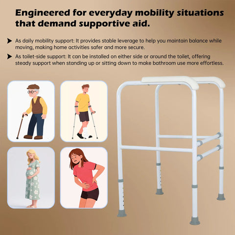 Foldable Toilet Safety Rails With Adjustable Stability Frame Built Damn Tough For Sit And Stand Mobility Real Deal Secure Support 300 Pound Weight Limit Hassle Free Universal Fit with supportive design for various users.