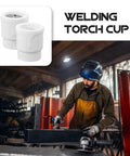 Premium 2-Piece Ceramic TIG Welding Torch Cup Shields in use with a welder, showcasing white ceramic nozzles and high-temp application.