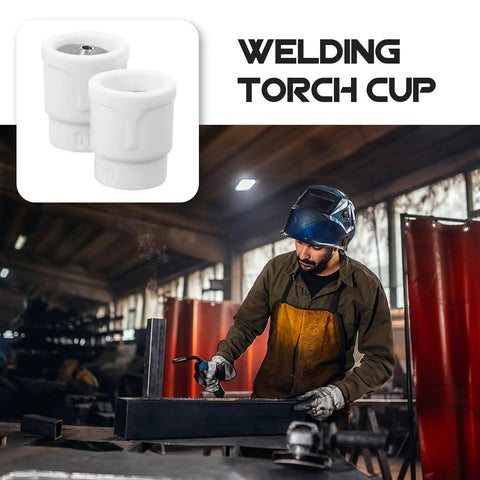 Premium 2-Piece Ceramic TIG Welding Torch Cup Shields in use with a welder, showcasing white ceramic nozzles and high-temp application.
