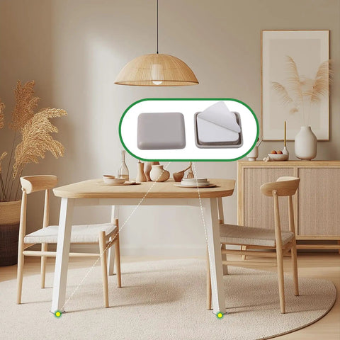 Premium Square Furniture Sliders For Chairs And Tables 16 Pack Heavy Duty Glide Pads on a wooden dining table in a modern setting.
