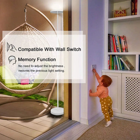 Child reaching for switch near Super Bright Floor Lamp 30W 2400LM Sky LED Torchiere with Pearl White Finish in living room.