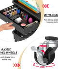 Close-up of Three Tier Rolling Utility Cart With Removable Drawer showing a stocked drawer and lockable swivel wheel.