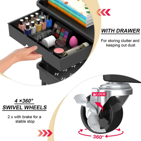Close-up of Three Tier Rolling Utility Cart With Removable Drawer showing a stocked drawer and lockable swivel wheel.