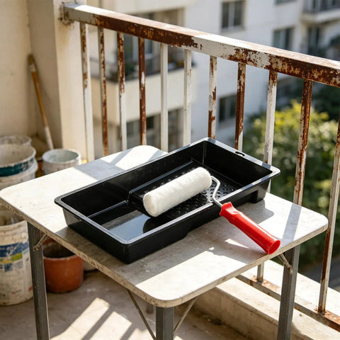Mini Paint Roller Kit With Splash Guard Mixing Tray For Interior Wall Touch Ups Baseboard Painting And Small Surface Decor on table.