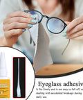 Glasses Repair Glue For Instant Bonding Of Eyeglass Frames With A Fine Tip Applicator shown in use, cleaning cloth nearby
