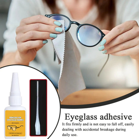 Glasses Repair Glue For Instant Bonding Of Eyeglass Frames With A Fine Tip Applicator shown in use, cleaning cloth nearby
