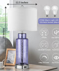 Set Of 2 Blue Glass Table Lamps 26 Inches Tall With White Shade, Touch Control And USB Ports, Dope Modern Coastal Nightstand Lighting For Bedroom Or Living Room, LED Bulbs Included shown with features and dimensions.
