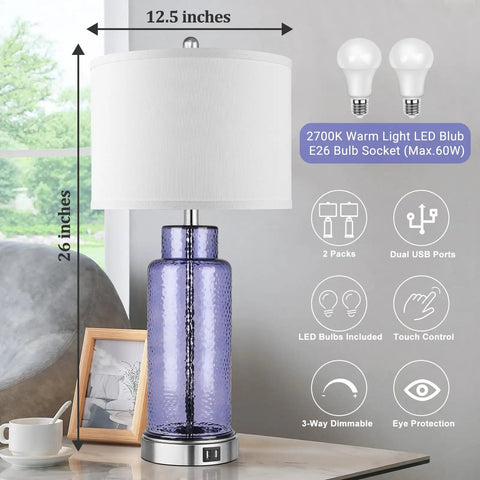 Set Of 2 Blue Glass Table Lamps 26 Inches Tall With White Shade, Touch Control And USB Ports, Dope Modern Coastal Nightstand Lighting For Bedroom Or Living Room, LED Bulbs Included shown with features and dimensions.
