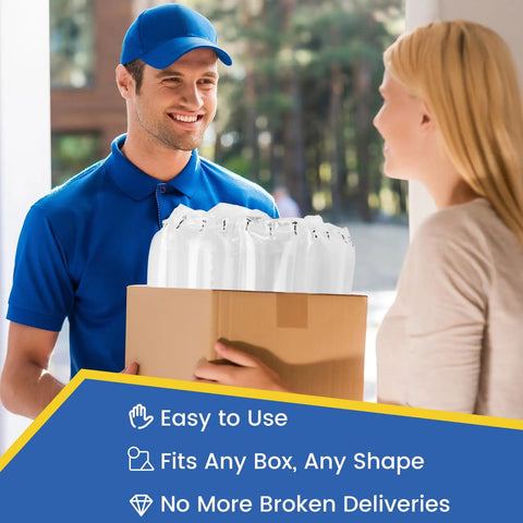 Bulk 800 Pack Air Pillows With Pump For Shipping And Moving Pro Grade Inflatable Packing Bags visible in box with delivery person