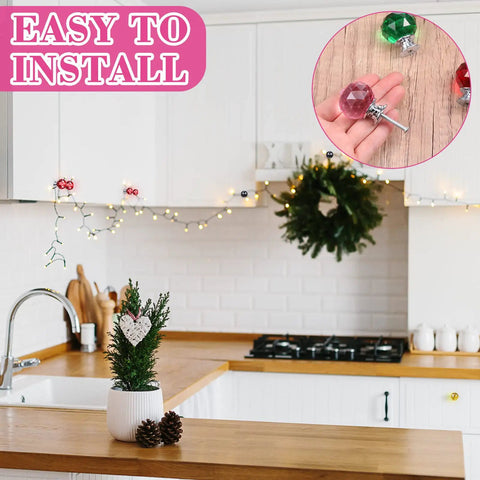 Crystal Drawer Knobs Set 20 Pcs Diamond Dresser Knobs 30mm Multicolored installed in kitchen, with hand holding a pink knob