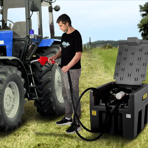 Person using Portable Diesel Tank Built Tough, 58 Gallon Capacity With 12V Electric Transfer Pump next to tractor