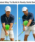 Man using Game Changing Golf Swing Trainer Aid For Posture And Swing Mechanics with green foam for arm-core sync demonstration
