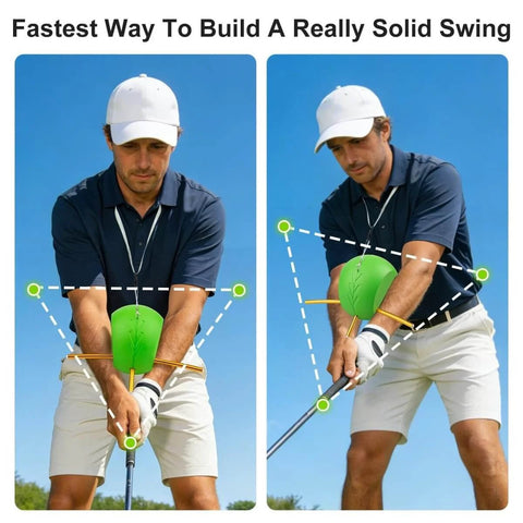 Man using Game Changing Golf Swing Trainer Aid For Posture And Swing Mechanics with green foam for arm-core sync demonstration