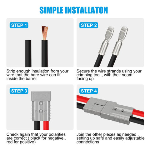 Steps for installing 350 Amp 600 Volt Battery Quick Disconnect Connector for thick gauge cables with gray housing.