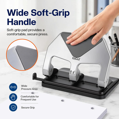 Heavy Duty Lever Action Paper Punch with soft-grip handle for comfortable use and 50 sheet capacity on a workspace