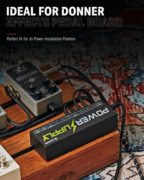 DP-1 Guitar Pedal Power Supply With 10 Isolated Outputs for 9V 12V and 18V Effects Noise Reduction Circuit Lightweight Aluminum Housing Perfect Pedalboard Hub for Studio and Live Gigs on a wooden pedalboard