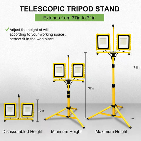 Beastly Bright 25,000 Lumen Dual Head Led Work Light With Stand showing telescopic tripod heights from 12in to 71in